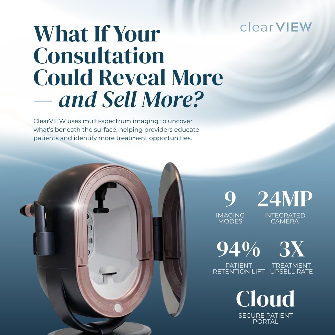 ClearVIEW product graphic showing the imaging device alongside its specifications