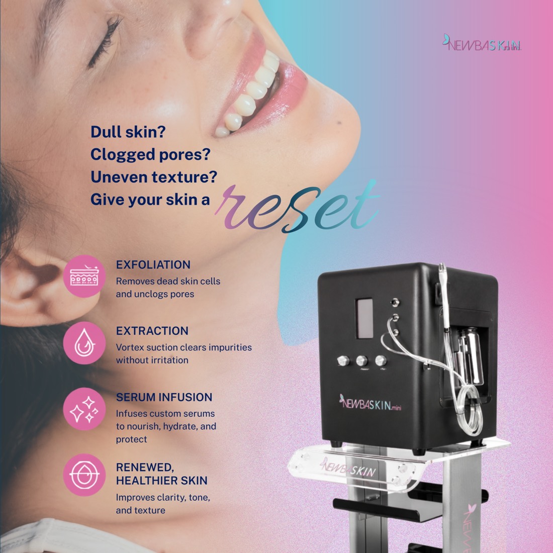NEWBASKIN.mini treatment graphic — the device beside the four steps of the treatment