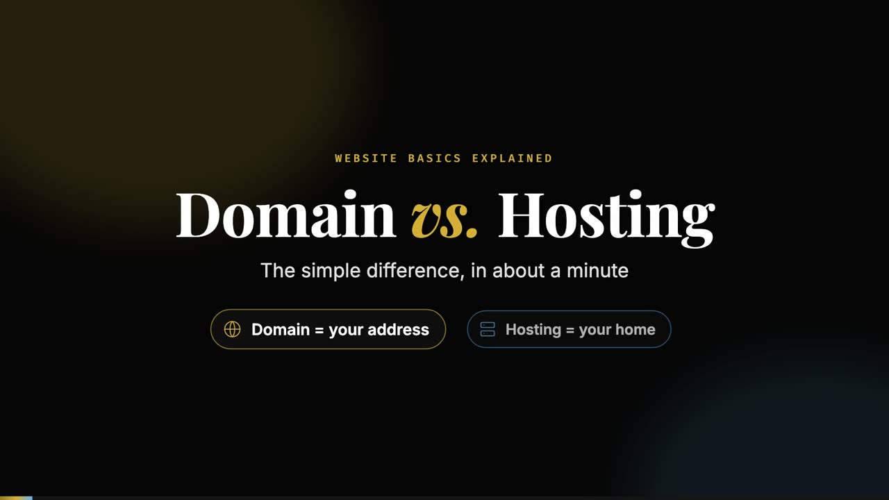 Domain vs. Hosting &mdash; the title card of the explainer, reading &lsquo;domain = your address, hosting = your home&rsquo;