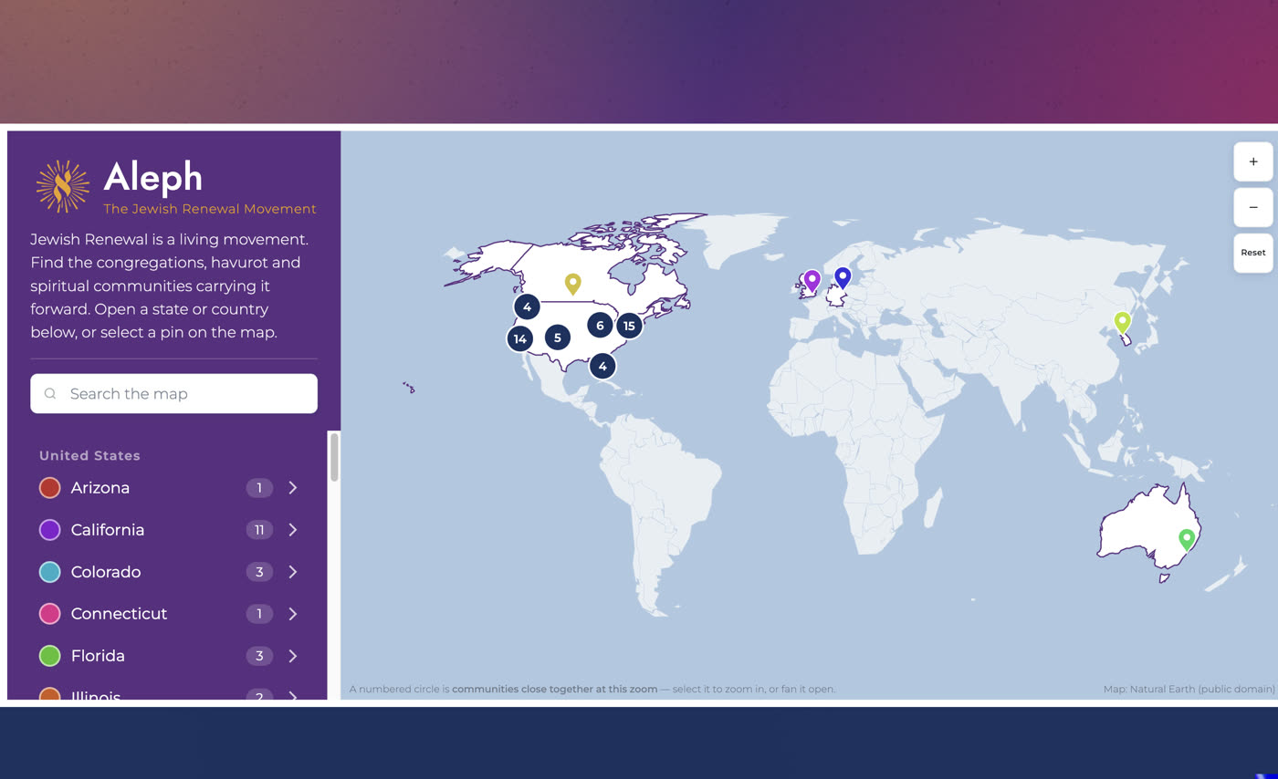 The Aleph community map in place on aleph.org — clustered pins on a world map beside a searchable list of states and countries