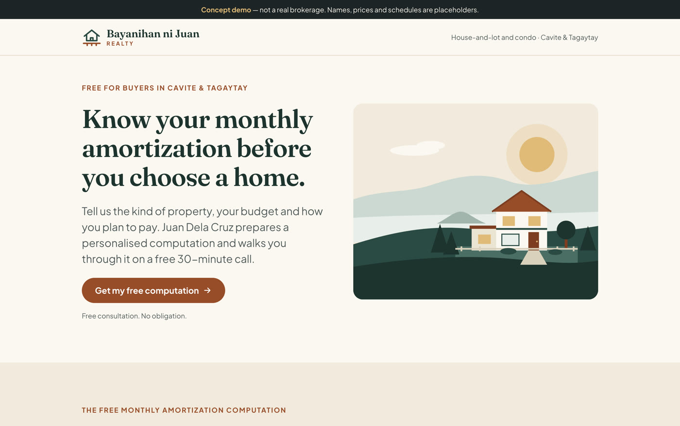 The Bayanihan ni Juan Realty funnel — a serif headline about monthly amortization beside an illustrated house