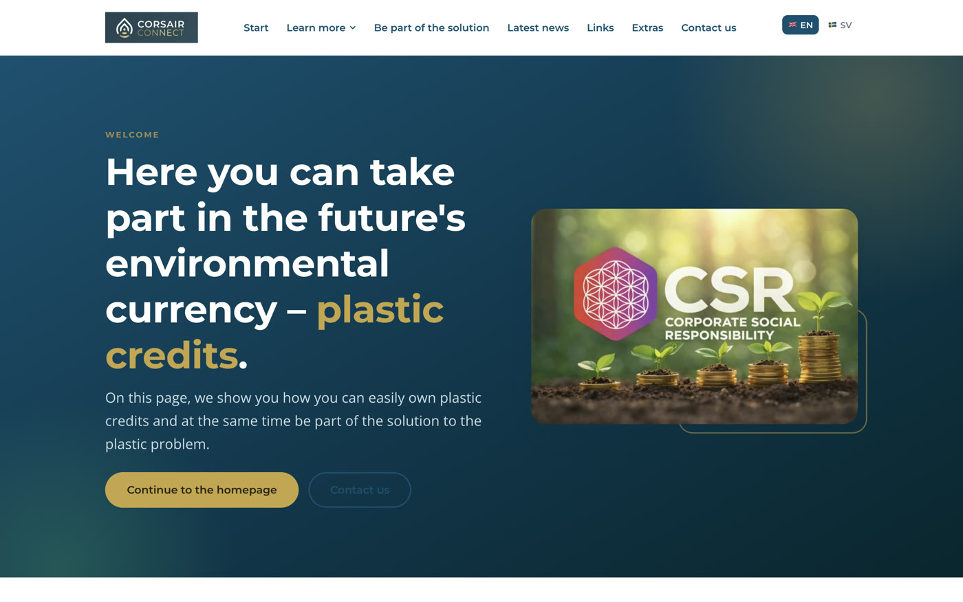 The CorsairConnect welcome page — a dark hero on plastic credits with an English and Swedish language switch in the header