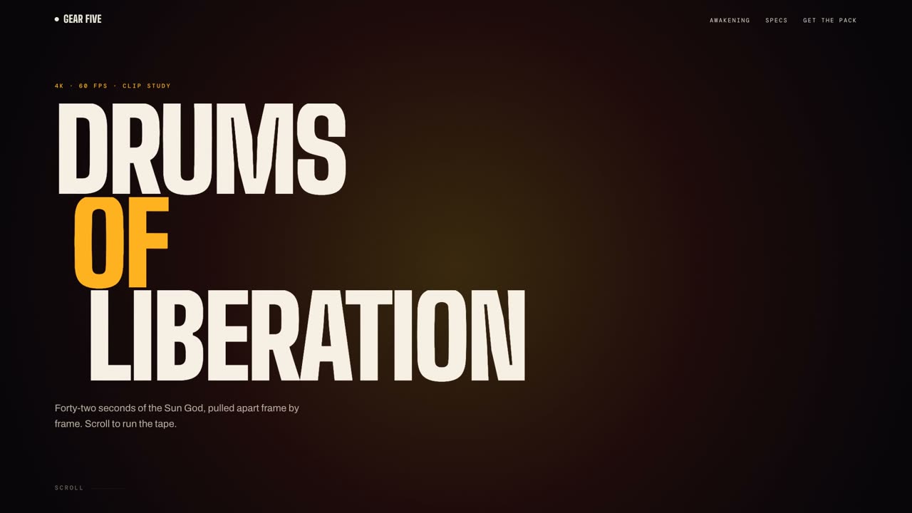The Gear Five clip study &mdash; the headline &lsquo;Drums of Liberation&rsquo; set over a dark title card