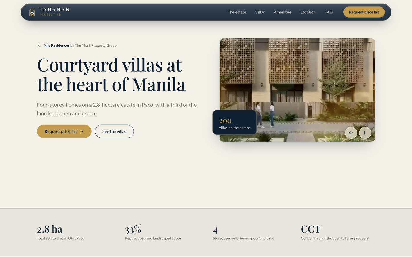 Nila Residences project site — a serif headline over a looping estate film, with the estate’s figures set beneath it