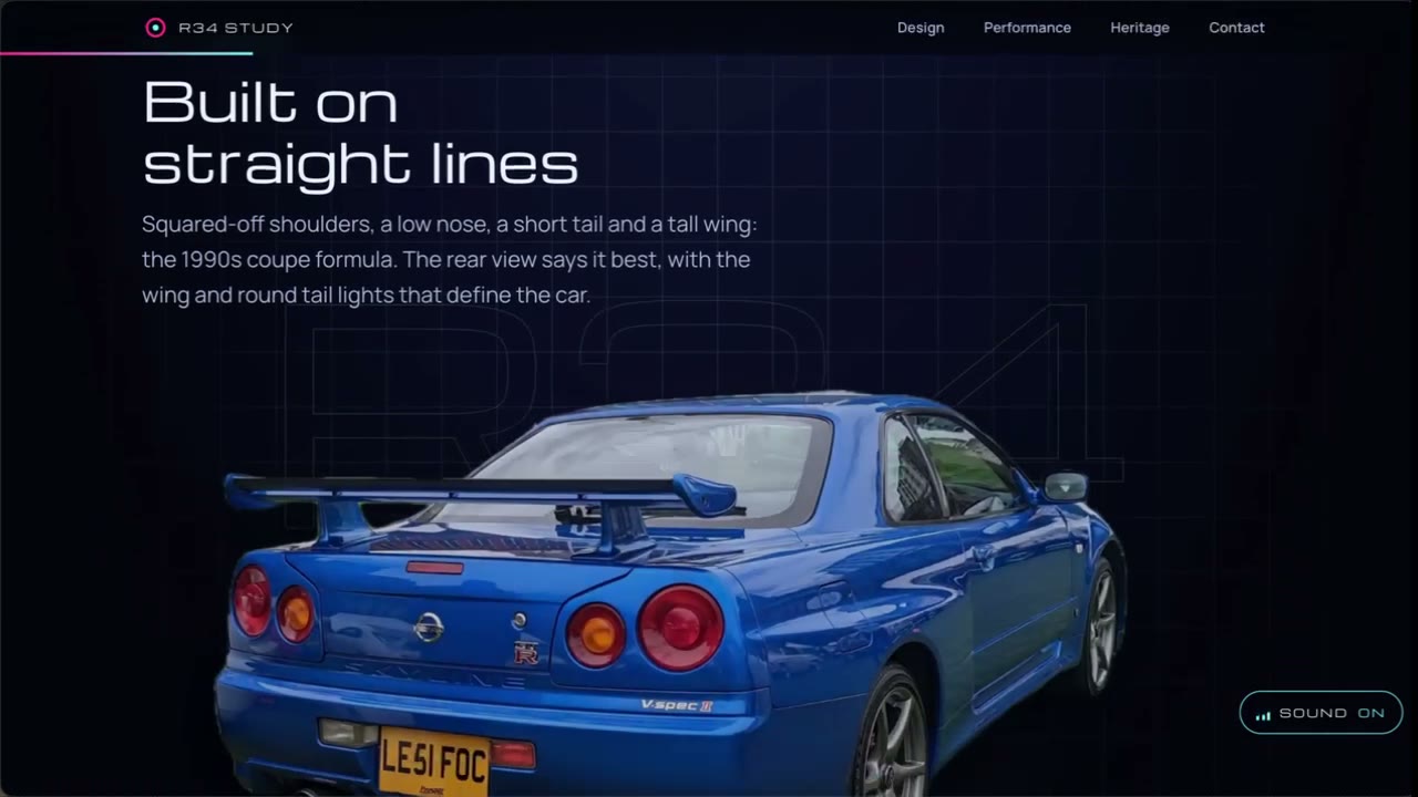 The R34 Study site &mdash; the headline &lsquo;Built on straight lines&rsquo; over a blue 1990s coupe