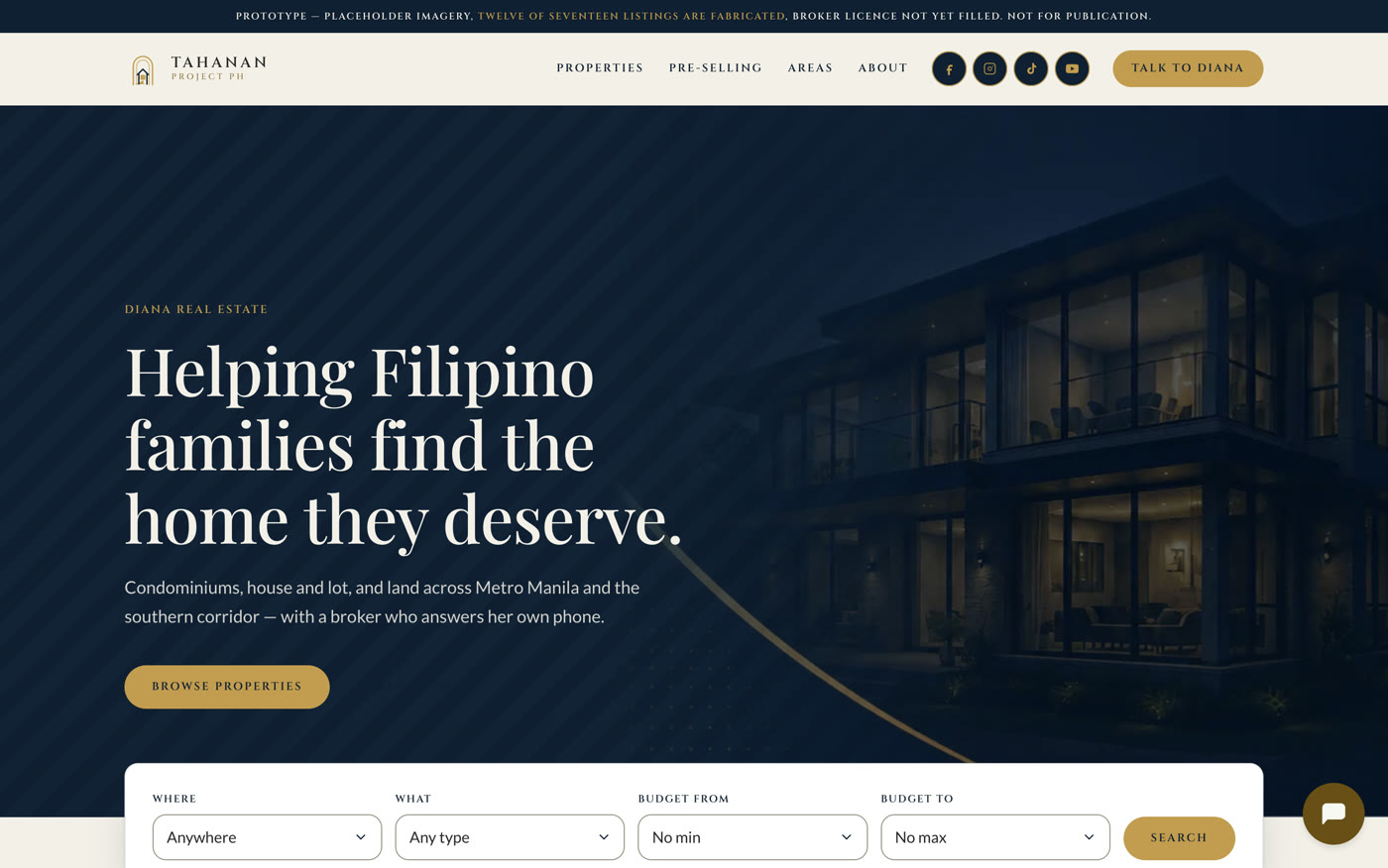 The Tahanan Project PH hub — a search bar over a night shot of a home, with a chat button in the corner